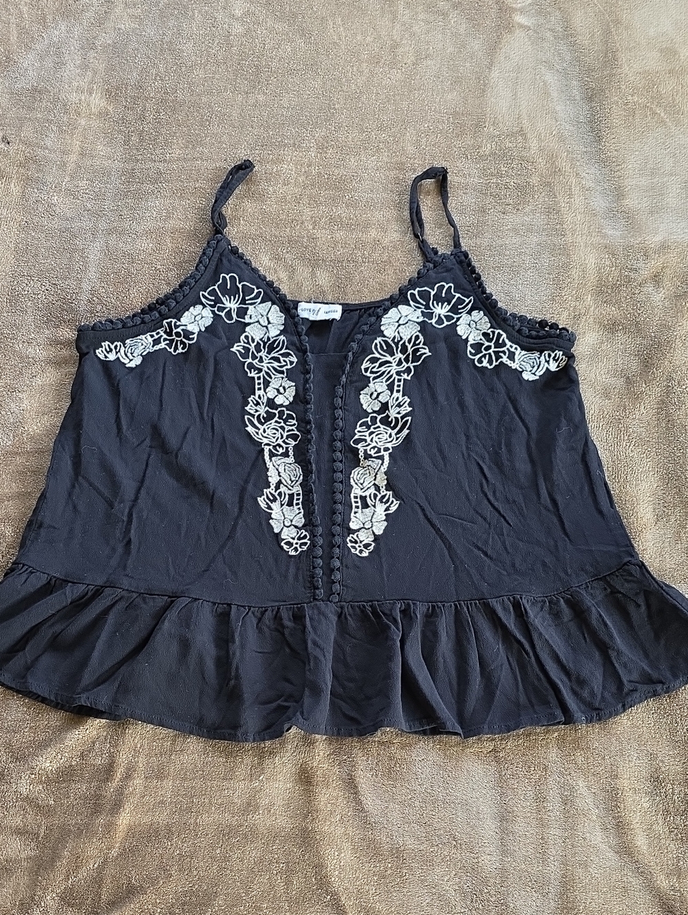 love on a hanger Black Camisole with White Floral Embroidery 100% Rayon